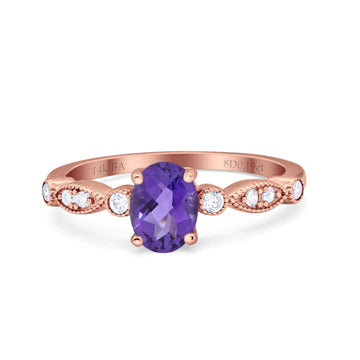 14K Rose Gold 1.4ct Oval Vintage Style 8mmx6mm G SI Natural Amethyst Diamond Engagement Wedding Ring Size 6.5